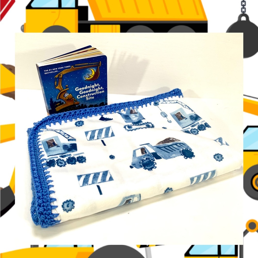 Construction Trucks Double-sided Minky Crochet Baby Blanket & Book Gift Set